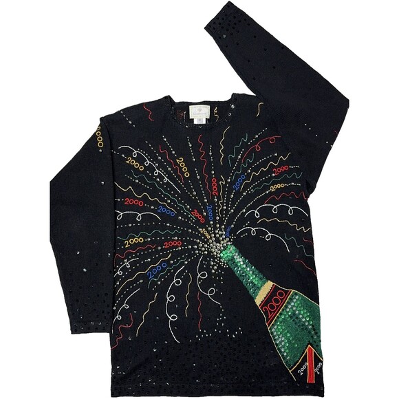 VTG Y2K Susan Bristol Hand Embroidered New Year’s Eve Party Sweater Women Size M - Picture 1 of 12